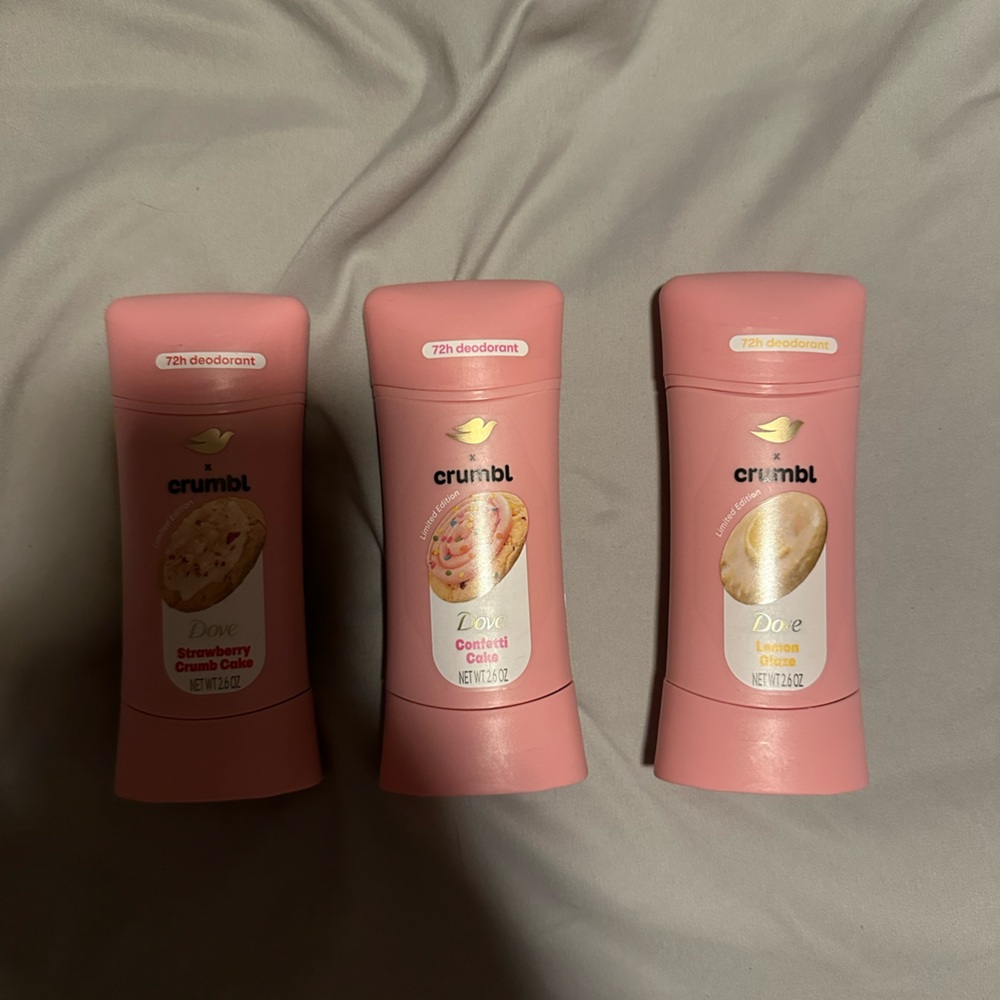 Dove x Crumbl deodorant lemon glaze, strawberry crumble cake and confetti cake